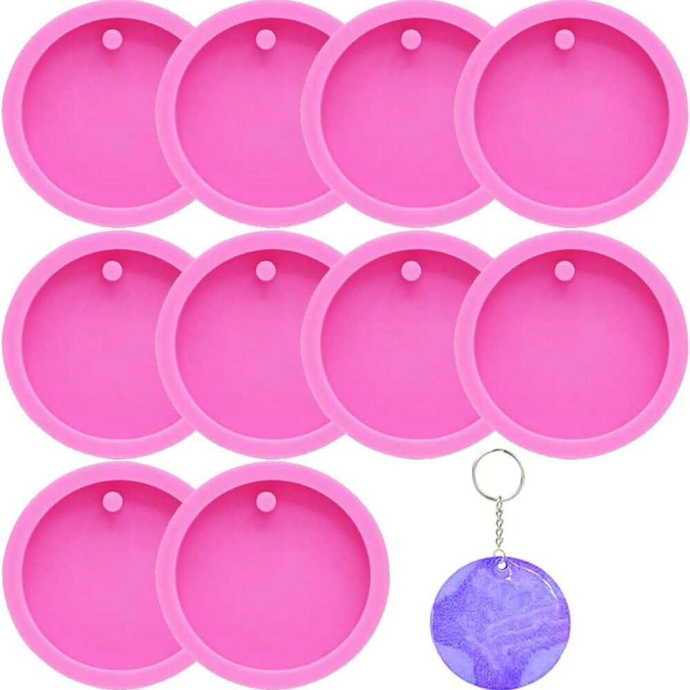 10 Pack Round Keychain Silicone Mold Flat Circle Resin Molds with Hole, Keychain
